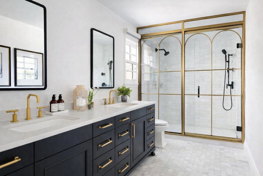 Remodeled bathroom with navy double vanity, brass fixtures and glass shower
