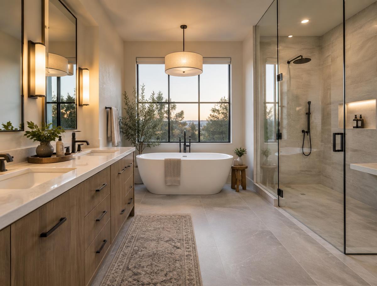 Fully remodeled bathroom with double vanity, tub and glass shower