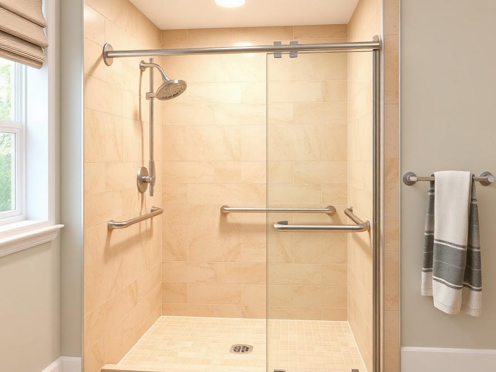 Accessible low-entry walk-in shower with grab bars