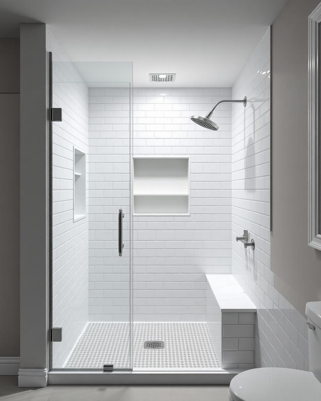 White subway tile walk-in shower with bench and niche