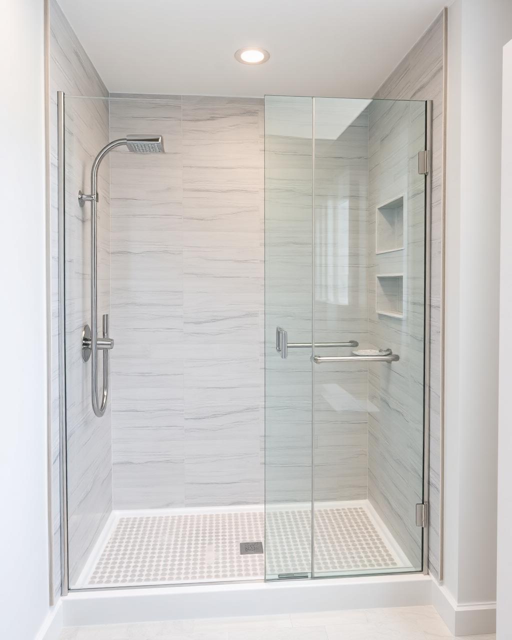 Curbless walk-in shower with glass screen and rainfall head