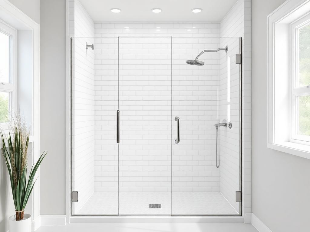 Modern walk-in shower with glass door and bench seat