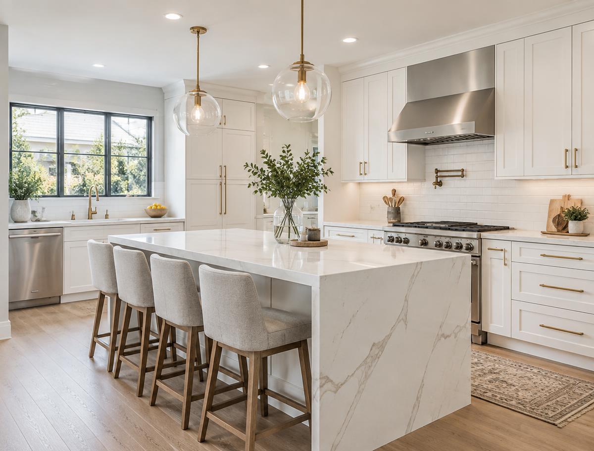 Remodeled white kitchen with quartz island and brass fixtures