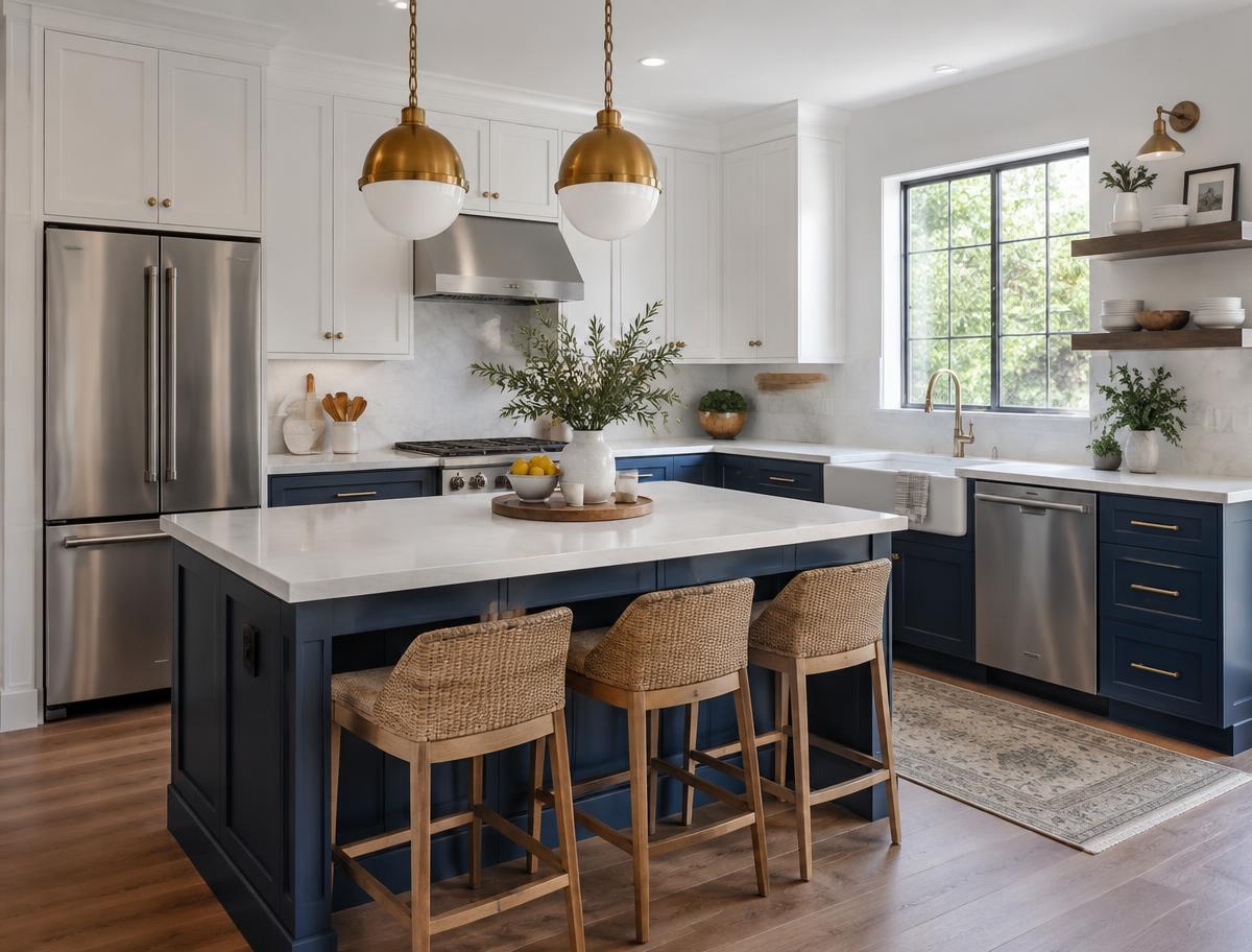 Navy and white kitchen remodel with marble countertops and brass pendants